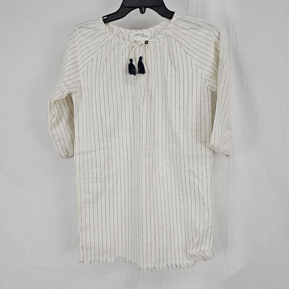 Poppet & Fox Girls Size 10 White With Navy Pinstripe Tassel Necktie Raw Hem